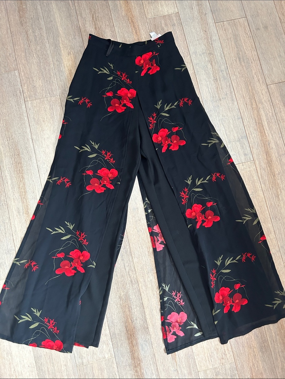 VTG Wide-Leg Black Floral Sheer Panel high rise Pants Red Floral Print waist 26